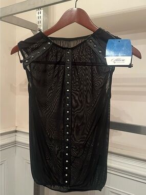 [SM] Allure Leather & Mesh Net Sheer Stud-Trim Black Top